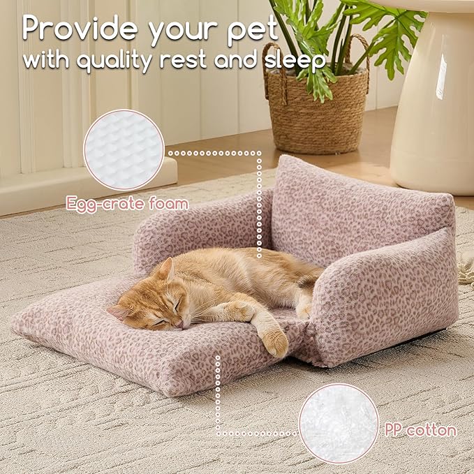 Hollypet Cat Bed Fluffy Plush Multifunctional Double-Layer Machine Washable Soft Warming Kitty Pet Couch Orthopedic Nest Beds for Small Cats Kitten and Dogs up to 13lbs, Pink Leopard(21x15x8 inch)