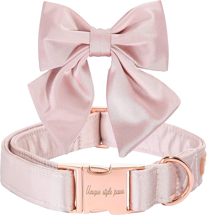 Unique style paws Silk Pink Color Dog Collar Adjustable Durable Dog Collar with Bow Wedding Bowtie Collar for Medium Dogs
