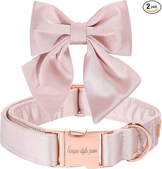 Unique style paws Silk Pink Color Dog Collar Adjustable Durable Dog Collar with Bow Wedding Bowtie Collar for Small Puppy and Cats