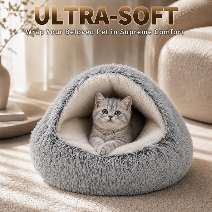 ShinHye Cat Bed Round Plush Fluffy Hooded Cat Bed Cave, Cozy for Indoor Cats or Small Dog beds, Soothing Pet Beds Doughnut Calm Anti-nxiety Dog Bed - Waterproof Bottom Washable (20×20inch, Grey)