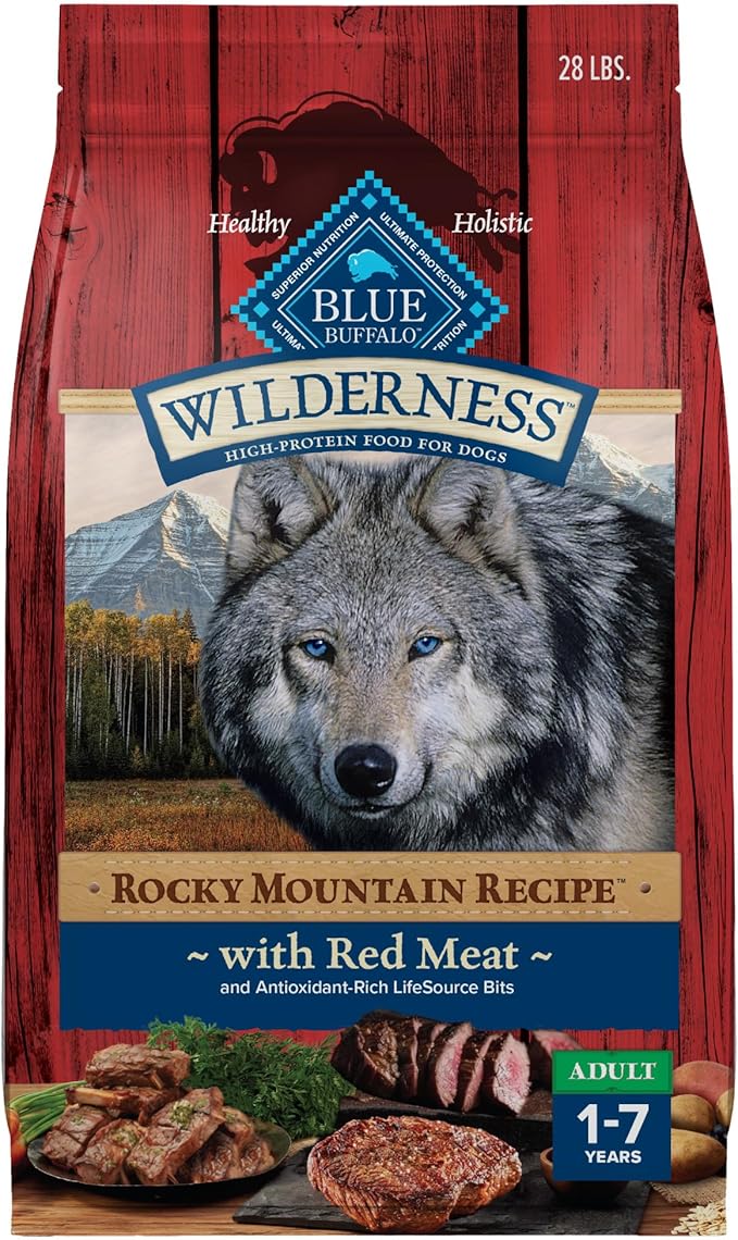 Blue Buffalo Wilderness Rocky Mountain Recipe Adult Dry Dog Food with Red Meat & Wholesome Grains, 34g Protein, Vibrant Energy for an Active Life, Made with Natural Ingredients, 28 lbs.