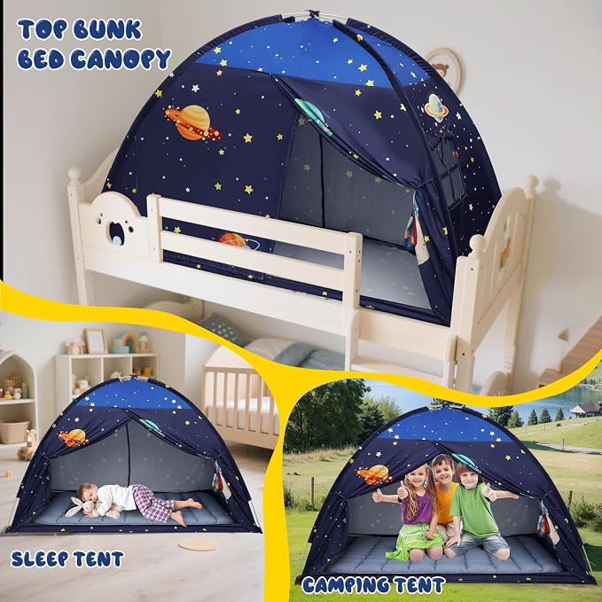 Full Bed Tent Canopy, Space Indoor Blackout Privacy Toddler Bed Tent for Kids with Light, Portable Sleeping Floor Kids Playhouse (Blue, Full Size)