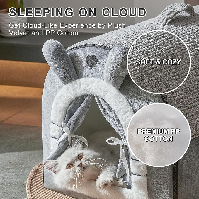 Jiupety Cat Houses for Indoor Cats, Cave Bed with Door Curtain Design, Cute Portable Beds with Reversible Washable Cushion, S Size Up to 6 lb Cat and 4 lb Dog, Non-Slip Bottom, Grey