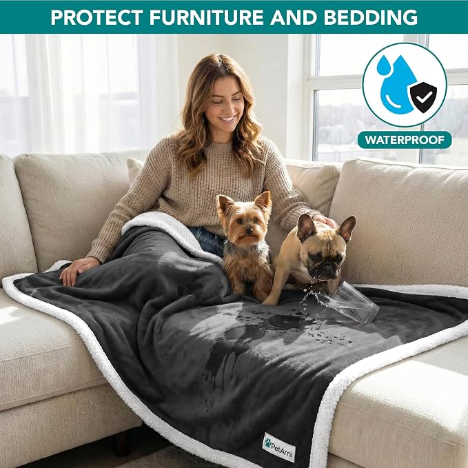 PetAmi Waterproof Dog Blanket for Couch, Extra Large 80x60, Pee Proof Sherpa Fleece Reversible Pet Throw, Furniture Protector for Bed Sofa Crate Kennel, Soft Washable Cover for Dog Cat, Grey