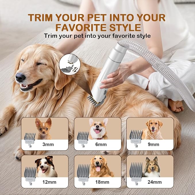Dog Grooming Vacuum, Dog Grooming Kit with Pet Clipper Nail Grinder, 3 Suction Modes Dog Brush Vacuum with 6 Pet Grooming Tools (Cream)
