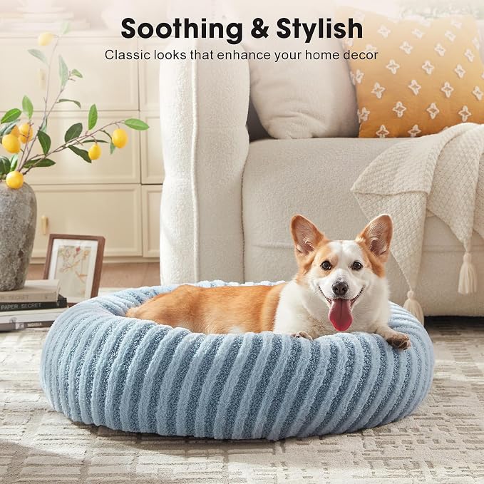 MIXJOY Dog Beds Large Sized Dogs, Washable Dogs Bed with Removable Cover, Cozy Donut Dog Ded Fluffy Plush Faux Fur Pet Bed with Anti-Slip Bottom, 36"x36"x10", Blue