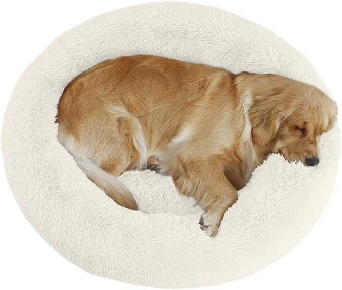 Bunlitent 39'' inch Calming Dog Bed, Anti-Anxiety Donut Bed for Medium Large Dogs, Warming Cozy Soft Cute Round Washable, Marshmallow Cuddler Nest Puppy Dogs and Cats Bed, White