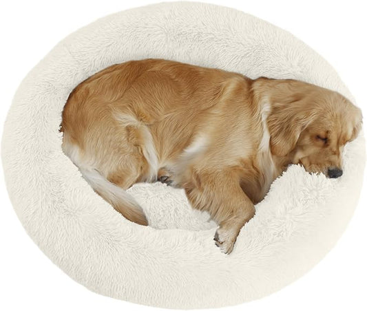 Bunlitent 39'' inch Calming Dog Bed, Anti-Anxiety Donut Bed for Medium Large Dogs, Warming Cozy Soft Cute Round Washable, Marshmallow Cuddler Nest Puppy Dogs and Cats Bed, White