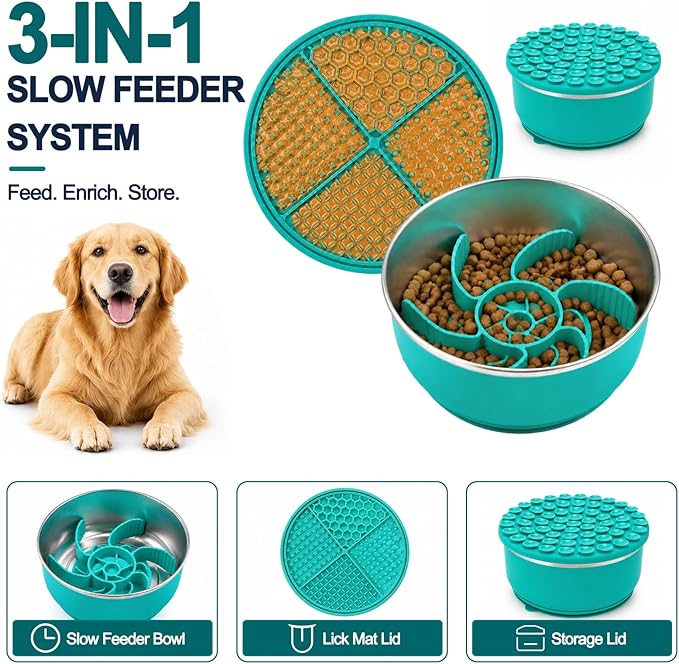 Large Dog Bowl 8 Cups Stainless Steel with Slow Feeder Insert and Lick Mat Storage Lid, 3-in-1 Non-Slip Pet Bowl for Kibble, Wet Food,Travel