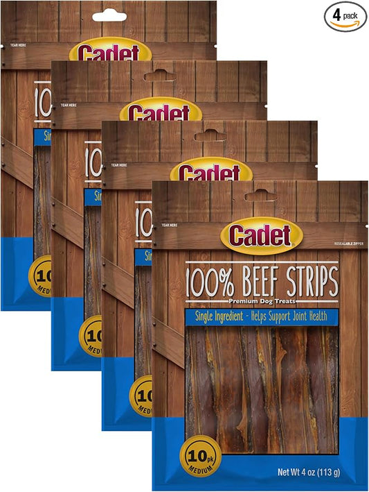 Cadet 100% Beef Strip Long Lasting Chews for Dogs,Ingredient Beef Esophagus Dog Treats,Natural High Protein Rawhide Alternative for Small & Large Dogs,4 Ounce,(Pack of 4)