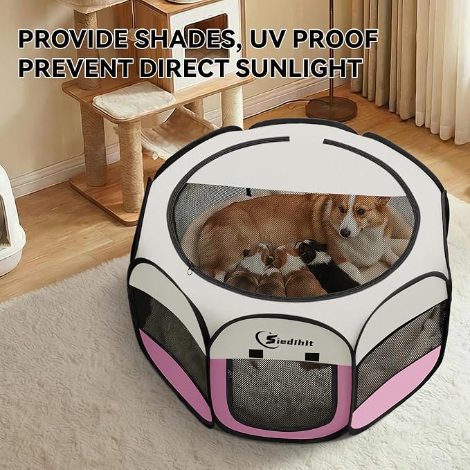 Siedihit Pink Puppy Playpen for Middle Dog Cat, Dog Tent Crates Cage Indoor/Outdoor, Portable Pop Up Dog Kennel with Carrying Bag for Rabbits, (Pink, Medium)