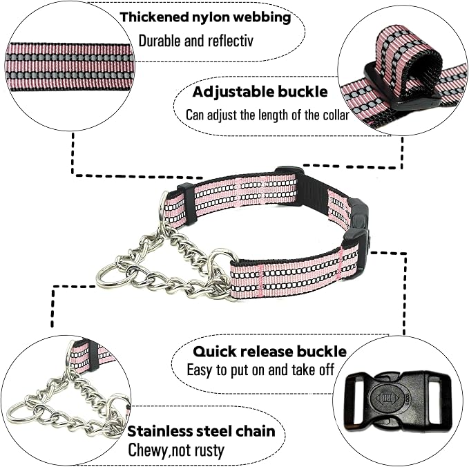 Martingale Dog Collars, Reflective Nylon Collar with Stainless Steel Chain, Adjustable Walking Training Dog Collars with Quick Release Buckle, Suitable for Small Medium Large Dogs(Pink,S)