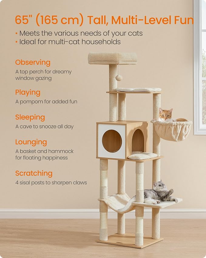 Feandrea Cat Tree, 65-Inch Tall Cat Tower, Multi-Level Condo with Cave, Basket, Hammock, Pompom, Scratching Posts, Almond Yellow UPCT118Y01