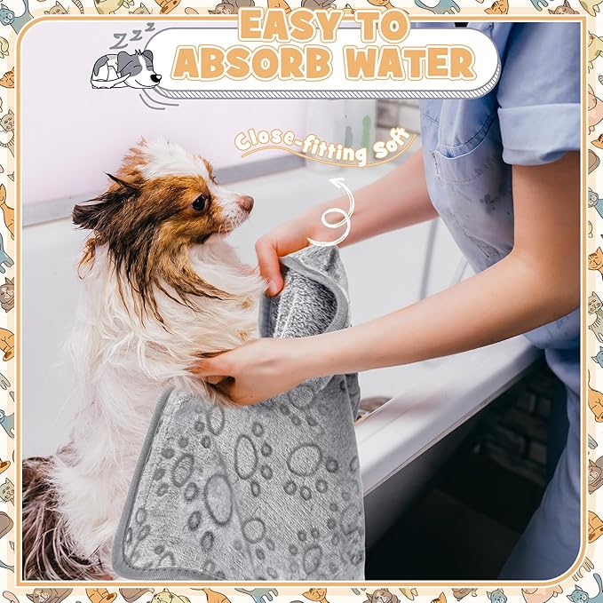 Tegeme 12 Pcs Pet Blankets 30 x 20 Inch Soft Fluffy Fleece Dog Cat Warm Paw Print Pattern Blankets Flannel Throw for Pets Dog Puppy Cat(Gray)