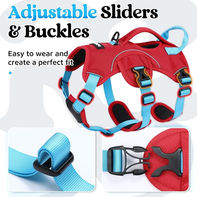 rabbitgoo Escape Proof Dog Harness Large Dogs, Soft Padded Full Body Pet Harness, Reflective Adjustable No Pull Vest with Lift Handle and Leash Clip for Walking Hiking Training, Blue & Red, S