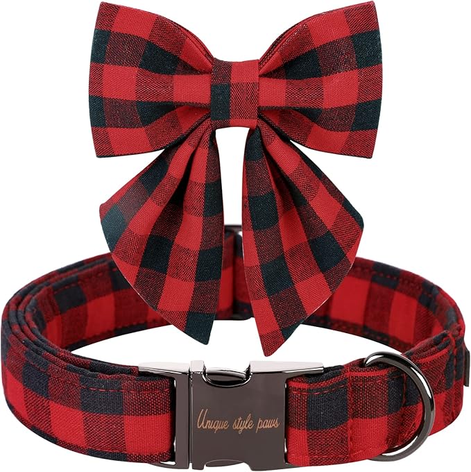 Unique style paws Christmas Dog Collar with Bow Tie Classic Red Plaid Puppy Collar for Small Medium Large Dogs as Holiday Winter Gifts-XS