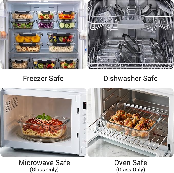 Dealusy 10 Sets (20-Piece) 4.5 Cup & 1.5 Cup Glass Food Storage Containers with lids, Airtight Leak-proof Glass Meal Prep Containers with Lids, Microwave Oven Freezer Dishwasher Safe, Black