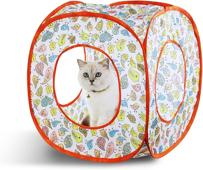Andiker Cat Tent, 3 Holes Safe and Strong Cute Cats Tunnel Collapsible Easy to Carry Cat House for Indoor Cats Kittens Hiding Playing Training Sleeping (Square Bird)