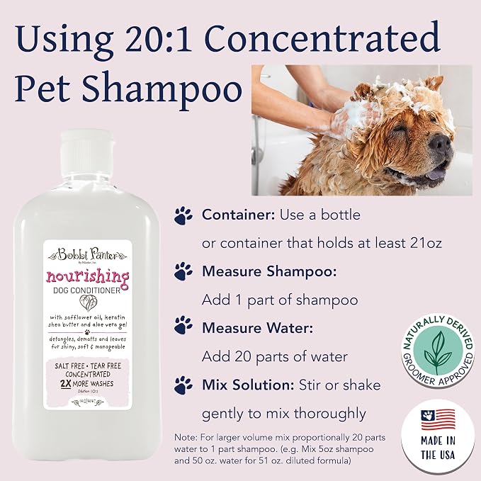 Bobbi Panter Nourishing Dog Conditioner Safflower Oil, Keratin, Shea Butter & Aloe Vera – Detangling Natural Formula for Soft, Smooth & Manageable Coat, 10:1 Concentrate, Made in USA, 14 oz
