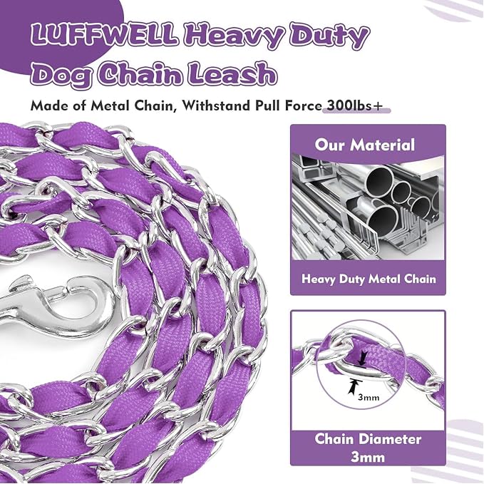 Heavy Duty Metal Dog Chain Leash with Comfortable PU Leather Padded Handle, Chew Proof for Medium Large Pooch Walking Training (4FT 3.0mm Purple)
