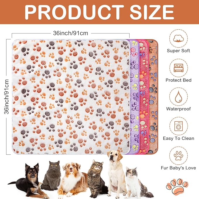 Panelee 4 Pcs Washable Dog Blankets Waterproof Cute Paw Print Fleece Blanket Reusable Puppy Blankets for Small Medium Pet Cat Whelping Warm Soft Mat Guinea Pig Cage Liners(36 x 36 Inch)