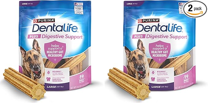 Dentalife Plus Digestive Support Dog Treats for Large Dogs 40 lbs. and up, Cleans Teeth, Freshens Breath, & Supports Healthy Gut, Chicken & Pumpkin Flavor, 22.6 oz., 19 Chews - 19 ct. Pouch