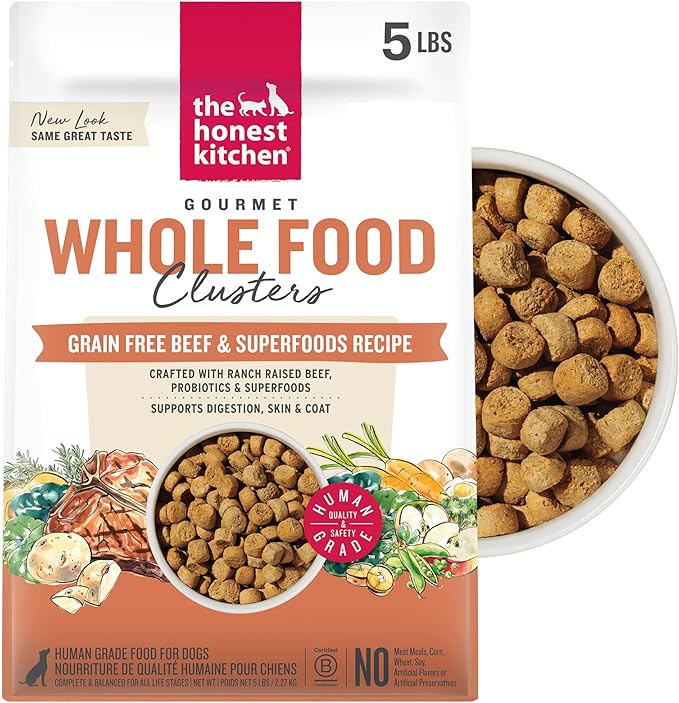 The Honest Kitchen Human Grade Dry Dog Food, Whole Food Clusters Grain Free Dry Dog Food, Beef, 5 lb Bag