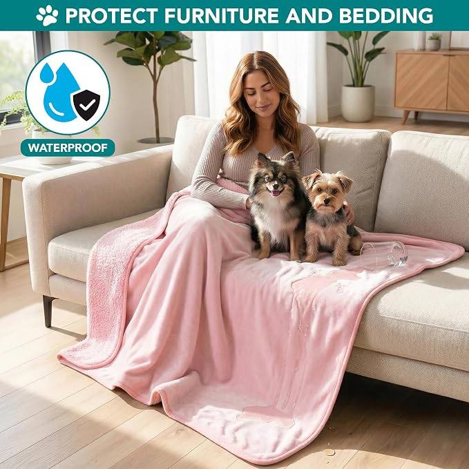 PetAmi Premium Waterproof Dog Blanket for Small Medium Dogs, Reversible Sherpa & Flannel Fleece, Leakproof Pet Throw for Couch Protection, Soft Plush Furniture Protector for Cats, Washable, 24x32 Pink