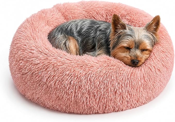 Extra Small Dog Bed 19 Inch,Calming Donut Puppy Bed,Ultra Soft Faux Fur Round Dog Bed for Chihuahua Yorkie Maltese Pomeranian,Pink