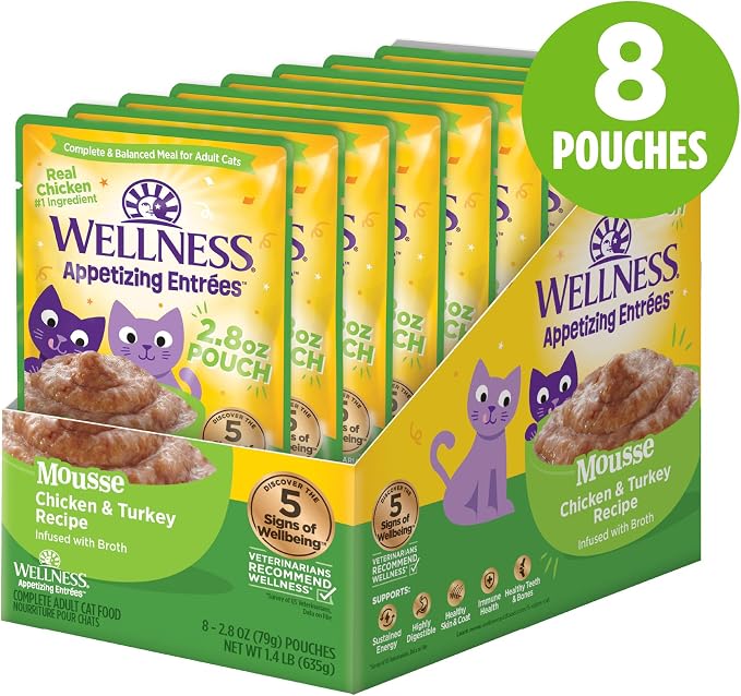 Wellness Appetizing Mousse Flaked Adult Wet Cat Food, Natural, Protein Rich, Grain Free, Chicken and Turkey Recipe, 2.8 oz, Pack of 8 Pouches