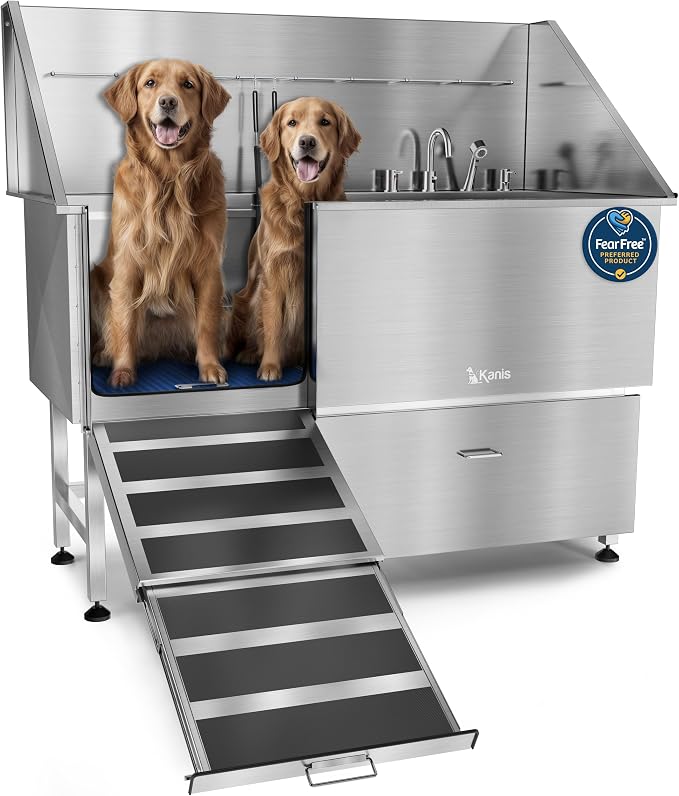 KANIS Professional Dog Washing Station 304 Stainless Steel Pet Wash Sink & Grooming Bathtub w/Shower, Floor Grates and Storage for Large, Medium & Small Pets (Silver, 61 Inches, Left Ramp, 1 Drawer)