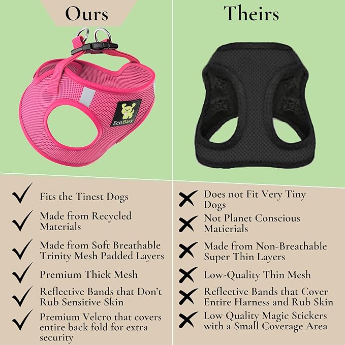 EcoBark Step in Dog Harness - Eco-Bright Teacup Dog Harnesses for XXS, XS, and Small Dogs - Reflective and Adjustable Mini Body Halter Vest -Tiny Soft Mesh Toy Breed Harness (X-Small, Pink)