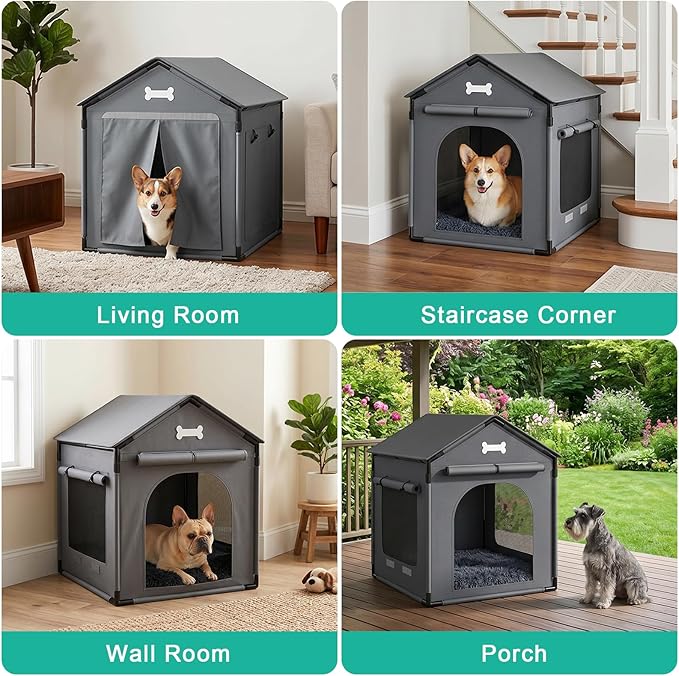 Dog House Indoor Outdoor Dog Kennel with Cushion for Small Medium Dogs Cats, Cozy Cooling Cat Nest Puppy Cave Sofa Pet Products Easy Assembly Grey, L w/Door Curtain: 27.6" L x 21.3" W x 26.8" H