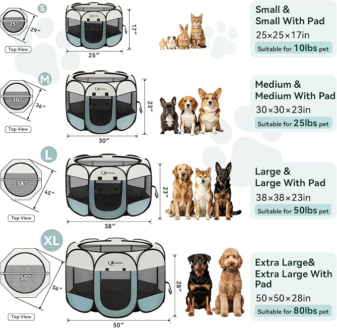 Siedihit Puppy Playpen for Large Dog Cat, Dogs Tent Crate Cage Indoor/Outdoor, Portable Pop Up Dog Kennel with Carrying Bag for Rabbits, Removable Top (Grey with Pad, Large)