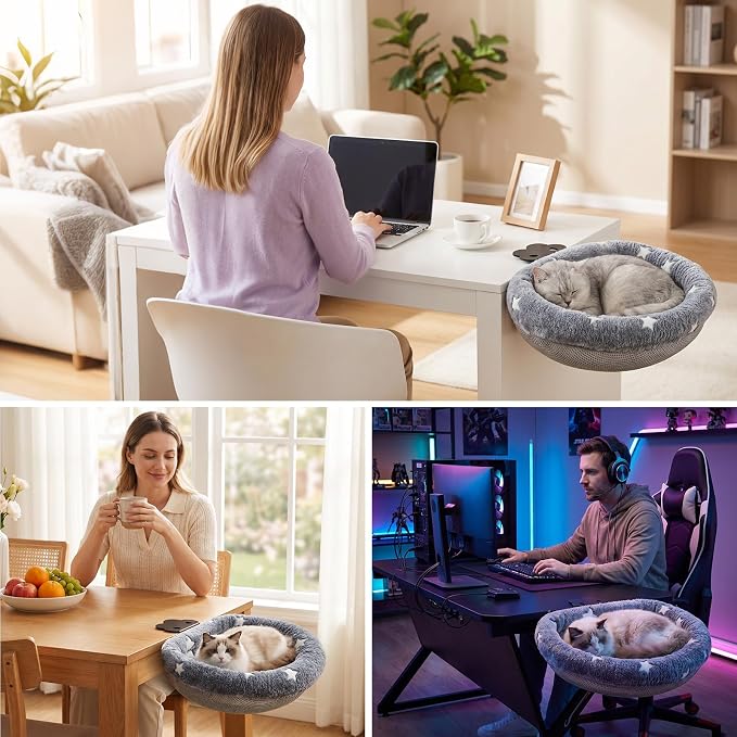 Cat Desk Bed with Clamp, Glow in The Dark Cat Desk Hammock, Desk Perch with Removable Washable Cover, Sturdy Metal Frame