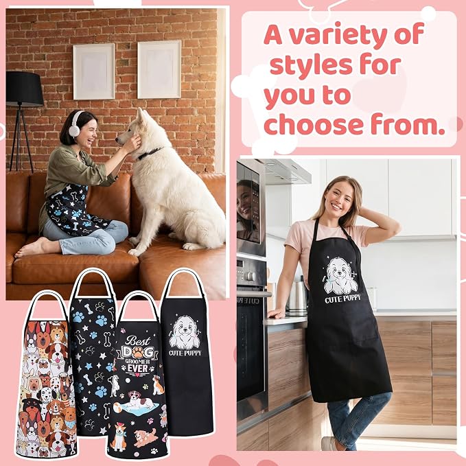 4 Pack Dog Grooming Aprons with 2 Pockets Adjustable Grooming Smock Apron for Dog Groomers Dog Cat Pets Cute Animals Bib Apron
