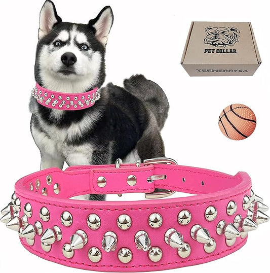 TEEMERRYCA Adjustable PU Leather Spiked Studded Dog Collars with a Squeak Ball Gift for Small Medium Large Pets Like Cats/Pit Bull/Bulldog/Pugs/Husky, Hot Pink, M 12"-15"