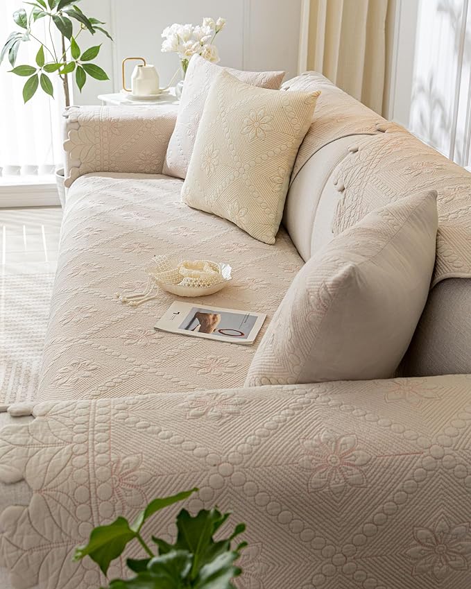 Cotton Quilted Dog Couch Cover for Sofa Farmhouse Rustic Embroidery Sectional Couch Cover Soft Anti-Slip Sofa Slipcover Furniture Protector for Kids, Pets (Khaki,36"x70")