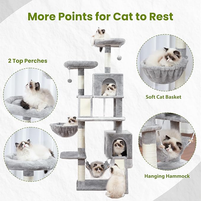 Gitelsnour Cat Tree for Indoor Cats, 71'' (180cm) Multi-Level Cat Tower for Large Adult, Sturdy Cat Tree House with 2 Scratching Boards 7 Posts, 2 Plush Perches/Condos, Hammock, Light Gray GCT032W