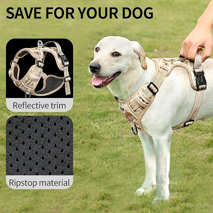 HEELE Dog Harness, No Pull Adjustable Padded Reflective Harness for Small Medium Large Dogs with Handle for Walking Training, Camo Tan, S