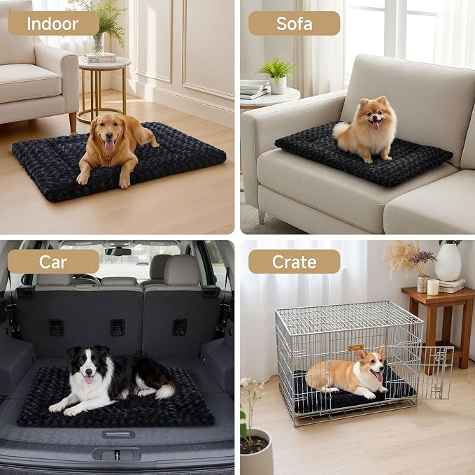 Washable Dog Bed Mat Crate Pad Soft Fluffy Pet Kennel Beds Dog Sleeping Mattress for Large Jumbo Medium Small Dogs, 48 x 30 Inch, Black