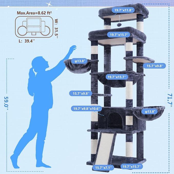 Hey-brother Cat Tree Tower, Scratching Posts with Extra Large Platform and Basket, Specious Condo, 2 Cozy Hammocks, Scratch Board for Indoor Adult Cats, Maine Coon 71.7 inches, Smoky Gray MPJ080G