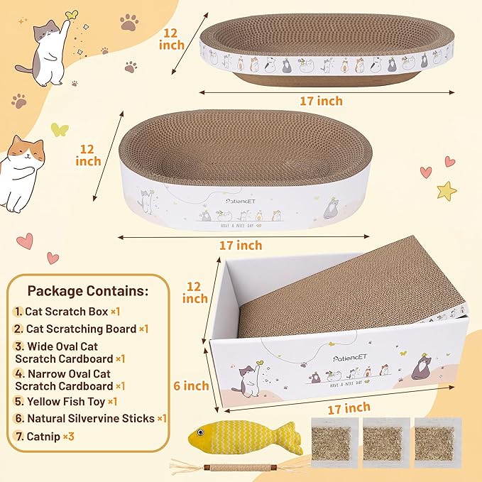 PatiencET 3-in-1 Cat Scratcher Cardboard Set for Indoor Cats, Cat Lounge Box with Wide & Slim Oval Cat Beds, Corrugated Cat Scratching Board for Furniture Protection, Rest & Play