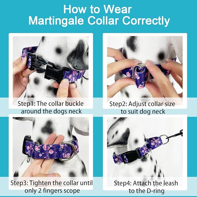 Martingale Collar for Dogs with Buckle Floral Dog Collar Girl Female Soft Nylon Dog Collars for Small Medium Large Dogs (Purple Flower, M)