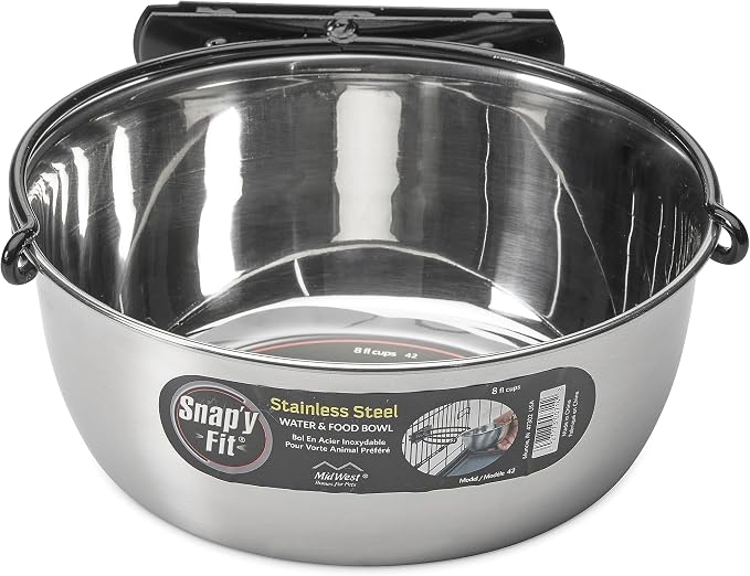 MidWest Homes for Pets Snap'y Fit Stainless Steel Food or Water Bowl, Holds 2 Quarts, Mounts to Wire Crates, No-Tip Design, Rust-Resistant, for Large Dogs and Cats
