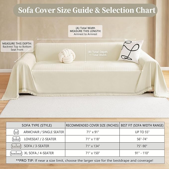 hyha Couch Cover for Dogs, Boho Sofa Covers for 3 Cushion Couch Washable, Chenille Sofa Slipcover for Pets, Soft Loveseat Sectional Couch Throw Blankets with Tassels (Beige, 71x134 Inch)