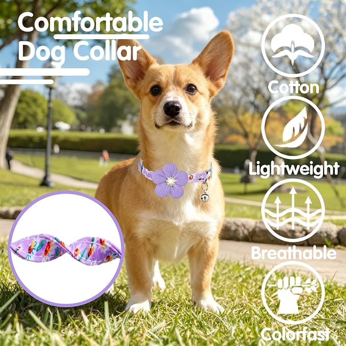 Small Dog Collar with Flower, Spring Dog Collar for Girl Dog Collars for Small Dogs Cute Dog Collar with Bell, Adjustable Length