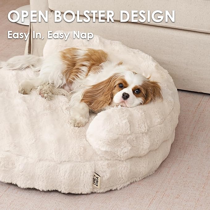 EHEYCIGA Soft Cat Couch Bed for Indoor Cats, Fluffy Small Dog Bed with Removable Washable Cover, Bolster Pet Sofa, Waterproof and Non-Slip, 26" x 26"x 8", Cream