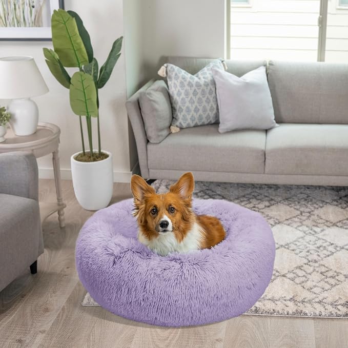 Best Friends by Sheri The Original Calming Donut Dog Bed for Medium Dogs up to 45 lbs, Shag Faux Fur, Lavender, 30" x 30"