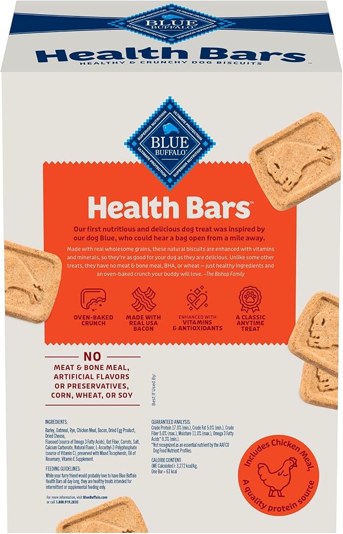 Blue Buffalo Health Bars Bacon, Egg & Cheese Crunchy Dog Biscuits, Oven-Baked with Real Bacon & Natural Ingredients, Healthy Dog Treats with No Artificial Flavors or Preservatives, Jumbo Box 3.5 lbs.
